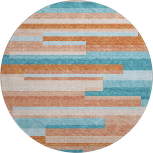 HomeRoots 8' Durable Orange, Teal & Peach Striped Round Rug - Washable, UV Protected, Perfect for High-Traffic Areas 675807
