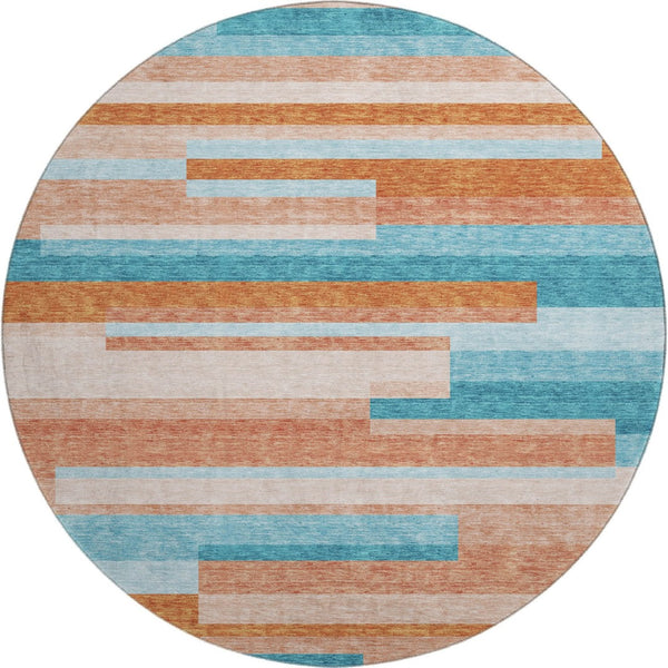 HomeRoots 8' Durable Orange, Teal & Peach Striped Round Rug - Washable, UV Protected, Perfect for High-Traffic Areas 675807
