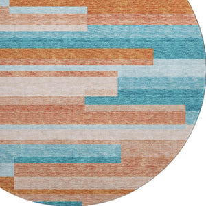 HomeRoots 8' Durable Orange, Teal & Peach Striped Round Rug - Washable, UV Protected, Perfect for High-Traffic Areas 675807