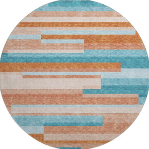HomeRoots 8' Durable Orange, Teal & Peach Striped Round Rug - Washable, UV Protected, Perfect for High-Traffic Areas 675807