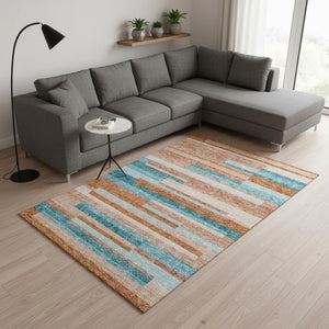 HomeRoots 8' X 10' Vibrant Orange, Teal & Peach Striped Washable Area Rug - Durable, UV Protected & Stylish! 675808