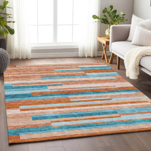 HomeRoots 8' X 10' Vibrant Orange, Teal & Peach Striped Washable Area Rug - Durable, UV Protected & Stylish! 675808