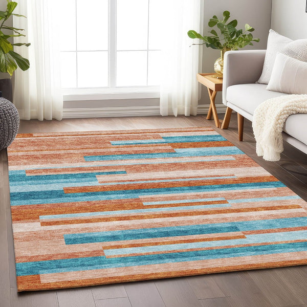HomeRoots 8' X 10' Vibrant Orange, Teal & Peach Striped Washable Area Rug - Durable, UV Protected & Stylish! 675808
