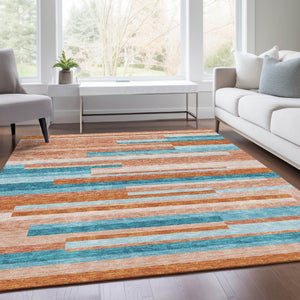HomeRoots 8' X 10' Vibrant Orange, Teal & Peach Striped Washable Area Rug - Durable, UV Protected & Stylish! 675808