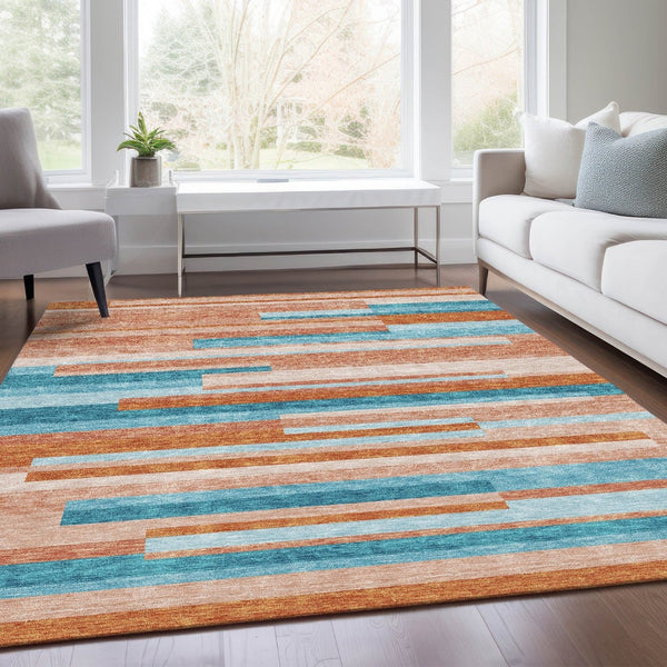 HomeRoots 8' X 10' Vibrant Orange, Teal & Peach Striped Washable Area Rug - Durable, UV Protected & Stylish! 675808