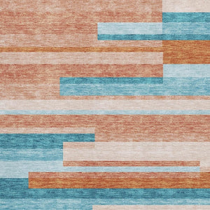 HomeRoots 8' X 10' Vibrant Orange, Teal & Peach Striped Washable Area Rug - Durable, UV Protected & Stylish! 675808