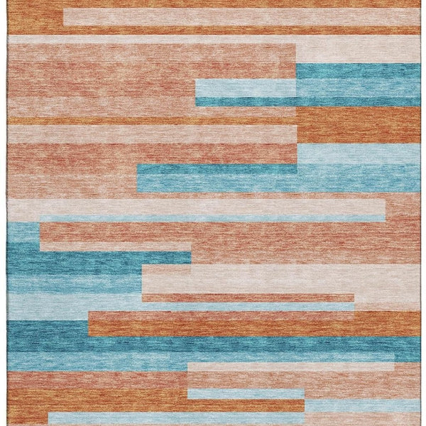 HomeRoots 8' X 10' Vibrant Orange, Teal & Peach Striped Washable Area Rug - Durable, UV Protected & Stylish! 675808