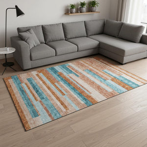 HomeRoots 9' X 12' Vibrant Orange, Teal & Peach Striped Area Rug - Washable, UV-Protected & Durable Design 675809