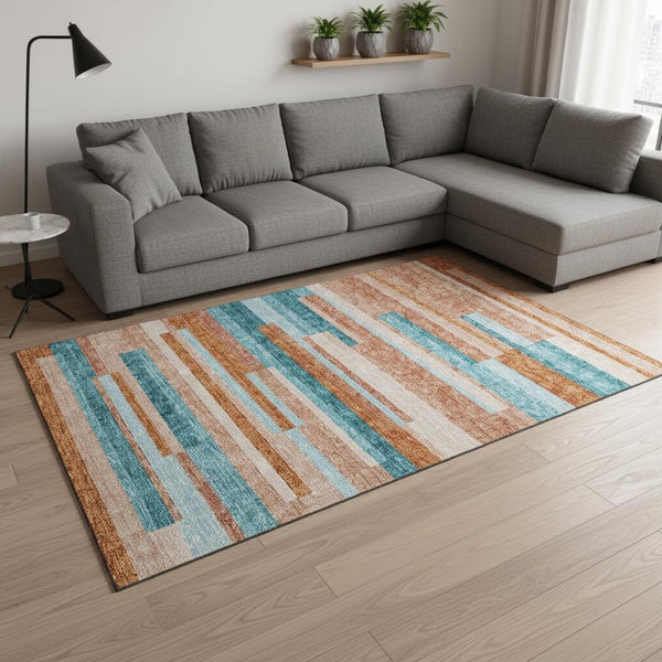 HomeRoots 9' X 12' Vibrant Orange, Teal & Peach Striped Area Rug - Washable, UV-Protected & Durable Design 675809