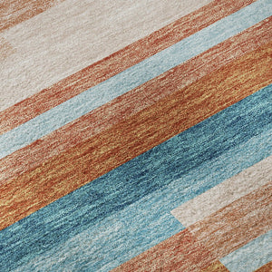 HomeRoots 9' X 12' Vibrant Orange, Teal & Peach Striped Area Rug - Washable, UV-Protected & Durable Design 675809