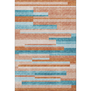 HomeRoots 9' X 12' Vibrant Orange, Teal & Peach Striped Area Rug - Washable, UV-Protected & Durable Design 675809