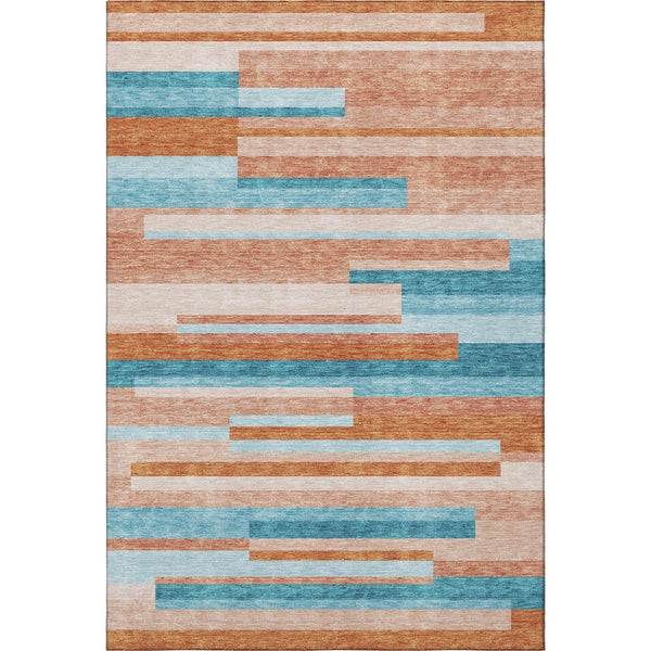 HomeRoots 9' X 12' Vibrant Orange, Teal & Peach Striped Area Rug - Washable, UV-Protected & Durable Design 675809