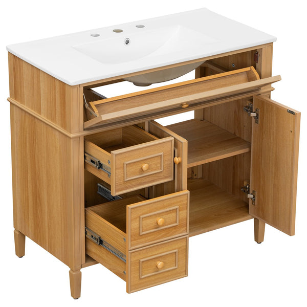 English Elm 36" Modern Bathroom Vanity with Ceramic Sink, Solid Rubber Wood & MDF, Flip Drawer, Soft-Close Doors N725P350825N