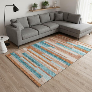 HomeRoots 10' Vibrant Orange, Teal & Peach Striped Washable Area Rug with UV Protection for Homes & Pets 675810