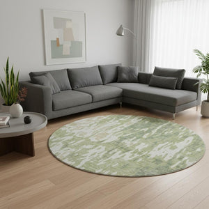 HomeRoots 8' Washable Round Rug in Artichoke Green, Ivory & Taupe - Stylish, Durable, UV-Protected Design 675813