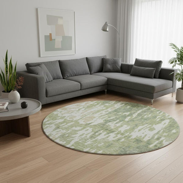 HomeRoots 8' Washable Round Rug in Artichoke Green, Ivory & Taupe - Stylish, Durable, UV-Protected Design 675813
