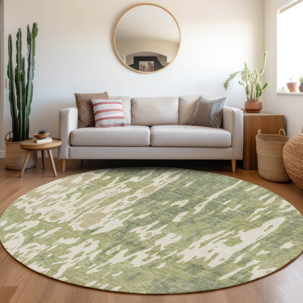 HomeRoots 8' Washable Round Rug in Artichoke Green, Ivory & Taupe - Stylish, Durable, UV-Protected Design 675813