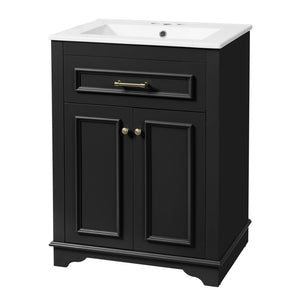 English Elm 24" Matte Single Sink Vanity Solid Poplar Frame Gold Hardware Soft Close Cabinet Black N710P389449B