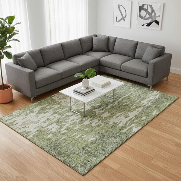 HomeRoots 9' X 12' Artichoke Green Abstract Area Rug - Washable, UV-Protected, Durable for Busy Homes & Style 675815