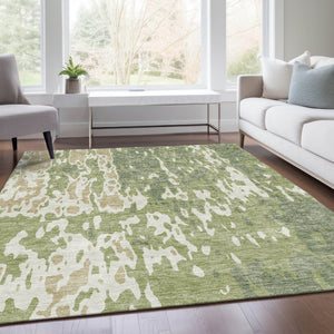 HomeRoots 10' Transitional Abstract Area Rug in Artichoke Green, Ivory & Taupe - Washable & UV Protected! 675816
