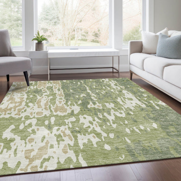 HomeRoots 10' Transitional Abstract Area Rug in Artichoke Green, Ivory & Taupe - Washable & UV Protected! 675816
