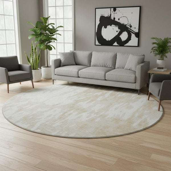 HomeRoots 8' Beige Ivory Tan Abstract Round Rug - Washable, UV Protected, Durable Design for Any Space 675819