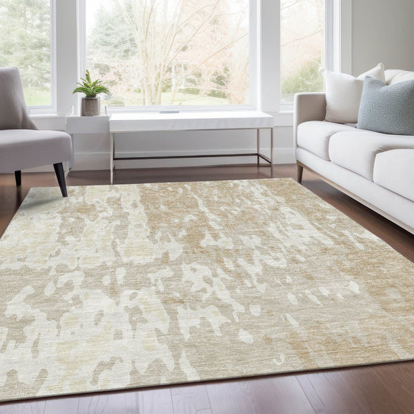 HomeRoots 10' X 14' Washable Beige Ivory Tan Abstract Area Rug with UV Protection for High-Traffic Spaces 675822