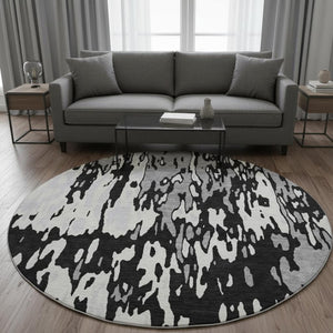 HomeRoots 8' Washable Round Rug in Black, Ivory & Gray - UV Protected, Durable, Stain-Resistant, Modern Style 675825