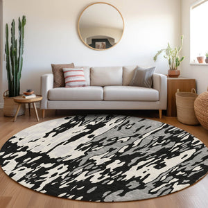 HomeRoots 8' Washable Round Rug in Black, Ivory & Gray - UV Protected, Durable, Stain-Resistant, Modern Style 675825