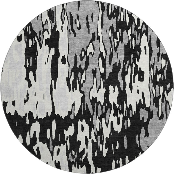 HomeRoots 8' Washable Round Rug in Black, Ivory & Gray - UV Protected, Durable, Stain-Resistant, Modern Style 675825