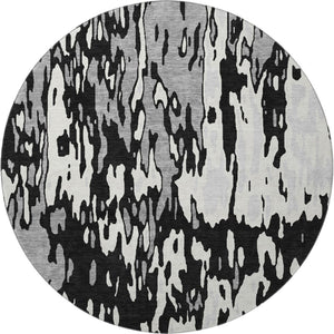 HomeRoots 8' Washable Round Rug in Black, Ivory & Gray - UV Protected, Durable, Stain-Resistant, Modern Style 675825