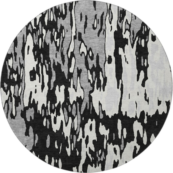 HomeRoots 8' Washable Round Rug in Black, Ivory & Gray - UV Protected, Durable, Stain-Resistant, Modern Style 675825