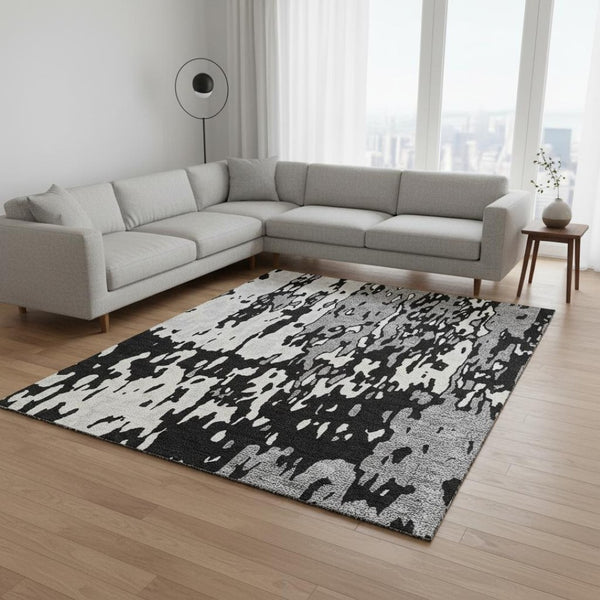 HomeRoots 8' X 10' Modern Black Ivory Gray Abstract Washable Area Rug – UV Protected, Family-Friendly Design 675826