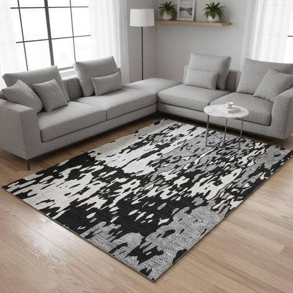 HomeRoots 9' X 12' Modern Black Ivory Gray Abstract Washable Area Rug with UV Protection for Busy Homes 675827