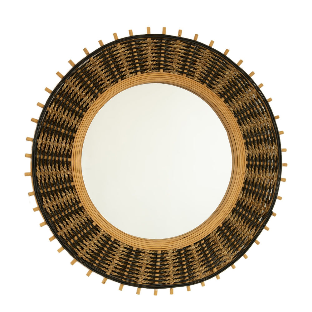 English Elm 23'' Echo Mirror Bamboo Round Wall Mirror with Handwoven Yellow & Black Hemp Rope Accent, Eco Chic Decor W2615P346485