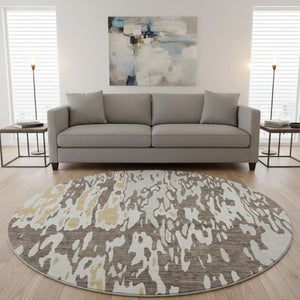 HomeRoots 8' Brown Ivory and Gold Abstract Washable Round Rug - Durable, UV Protected, Stylish for Every Space! 675831