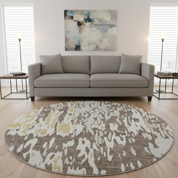 HomeRoots 8' Brown Ivory and Gold Abstract Washable Round Rug - Durable, UV Protected, Stylish for Every Space! 675831