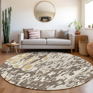 HomeRoots 8' Brown Ivory and Gold Abstract Washable Round Rug - Durable, UV Protected, Stylish for Every Space! 675831