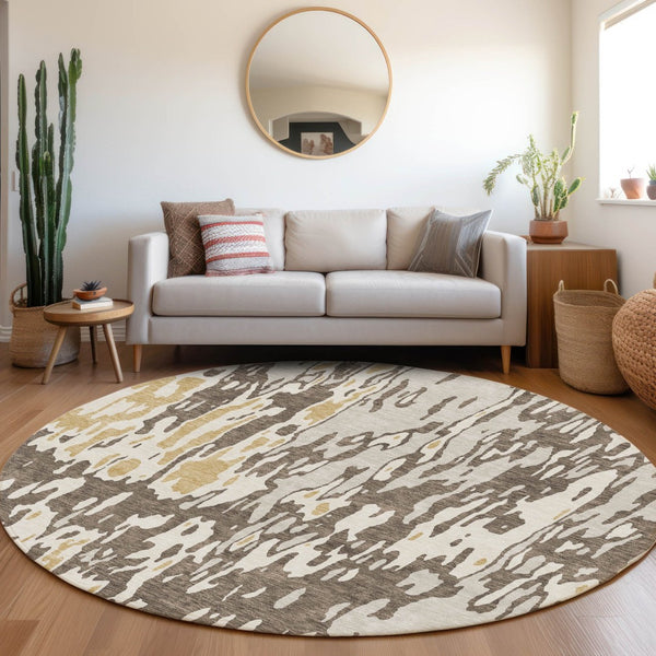 HomeRoots 8' Brown Ivory and Gold Abstract Washable Round Rug - Durable, UV Protected, Stylish for Every Space! 675831
