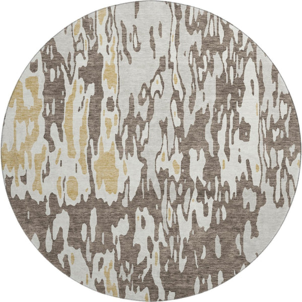 HomeRoots 8' Brown Ivory and Gold Abstract Washable Round Rug - Durable, UV Protected, Stylish for Every Space! 675831