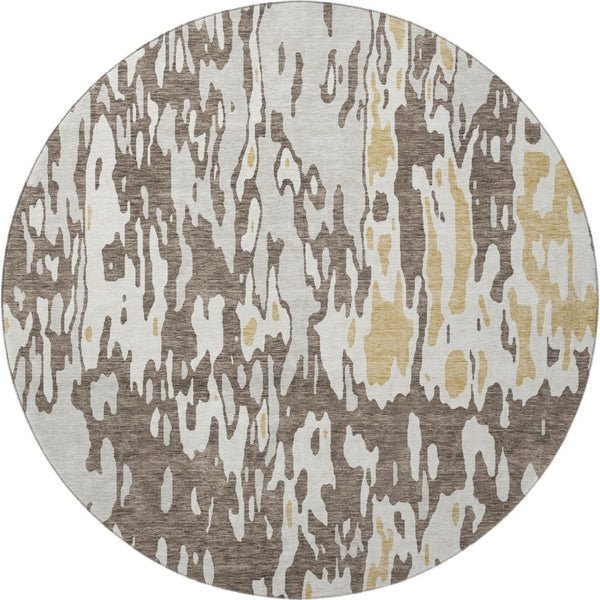 HomeRoots 8' Brown Ivory and Gold Abstract Washable Round Rug - Durable, UV Protected, Stylish for Every Space! 675831