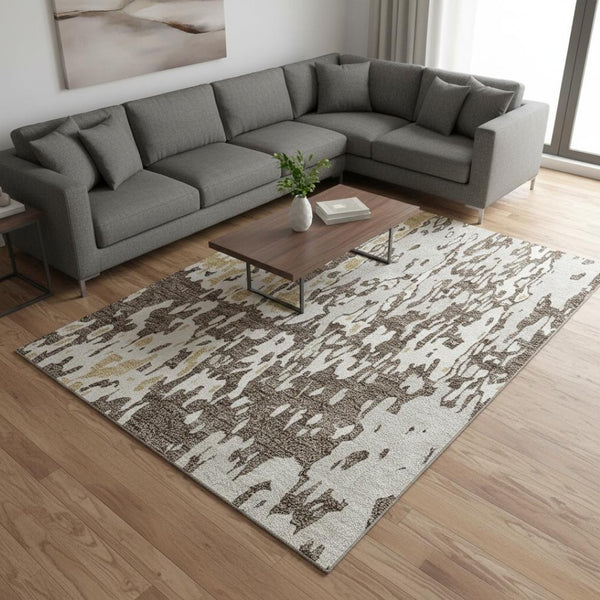 HomeRoots 8' X 10' Stylish Brown, Ivory & Gold Abstract Area Rug – Washable, UV Protected, Pet-Friendly Design! 675832