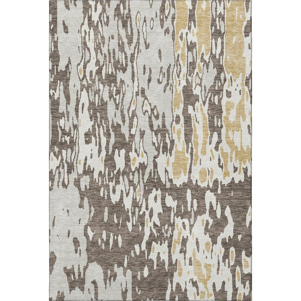HomeRoots 9' X 12' Abstract Area Rug in Brown, Ivory & Gold - Washable, UV-Protected, Durable for High Traffic Homes 675833