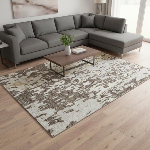 HomeRoots 10' X 14' Washable Abstract Area Rug in Brown, Ivory, & Gold - UV Protect, Stain Resistant, Modern Design 675834