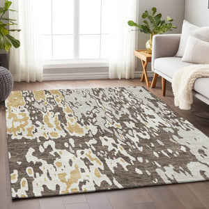 HomeRoots 10' X 14' Washable Abstract Area Rug in Brown, Ivory, & Gold - UV Protect, Stain Resistant, Modern Design 675834