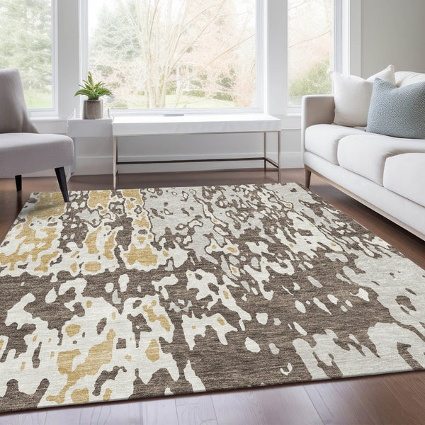 HomeRoots 10' X 14' Washable Abstract Area Rug in Brown, Ivory, & Gold - UV Protect, Stain Resistant, Modern Design 675834