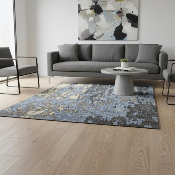 HomeRoots 5' X 8' Stylish Denim Blue Gray Beige Abstract Washable Area Rug with UV Protection for Any Room 675836