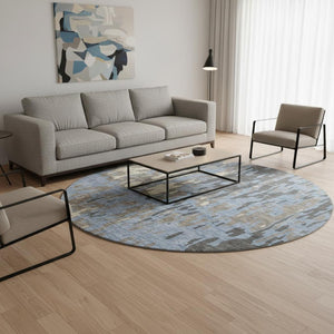 HomeRoots 8' Stylish Denim Blue Gray Beige Washable Round Rug with UV Protection for Homes with Kids & Pets 675837