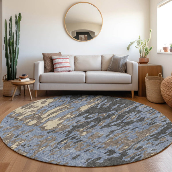 HomeRoots 8' Stylish Denim Blue Gray Beige Washable Round Rug with UV Protection for Homes with Kids & Pets 675837