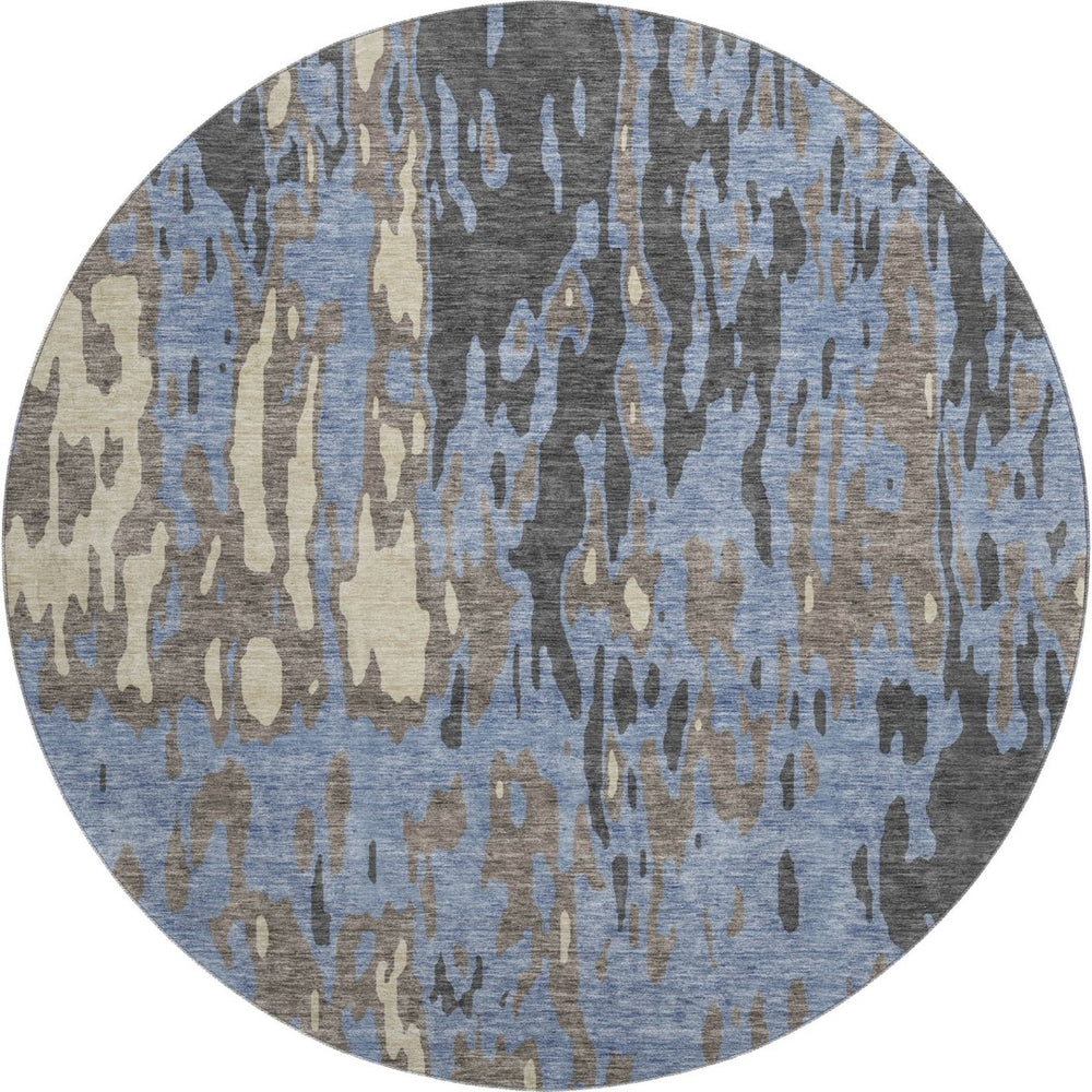 HomeRoots 8' Stylish Denim Blue Gray Beige Washable Round Rug with UV Protection for Homes with Kids & Pets 675837